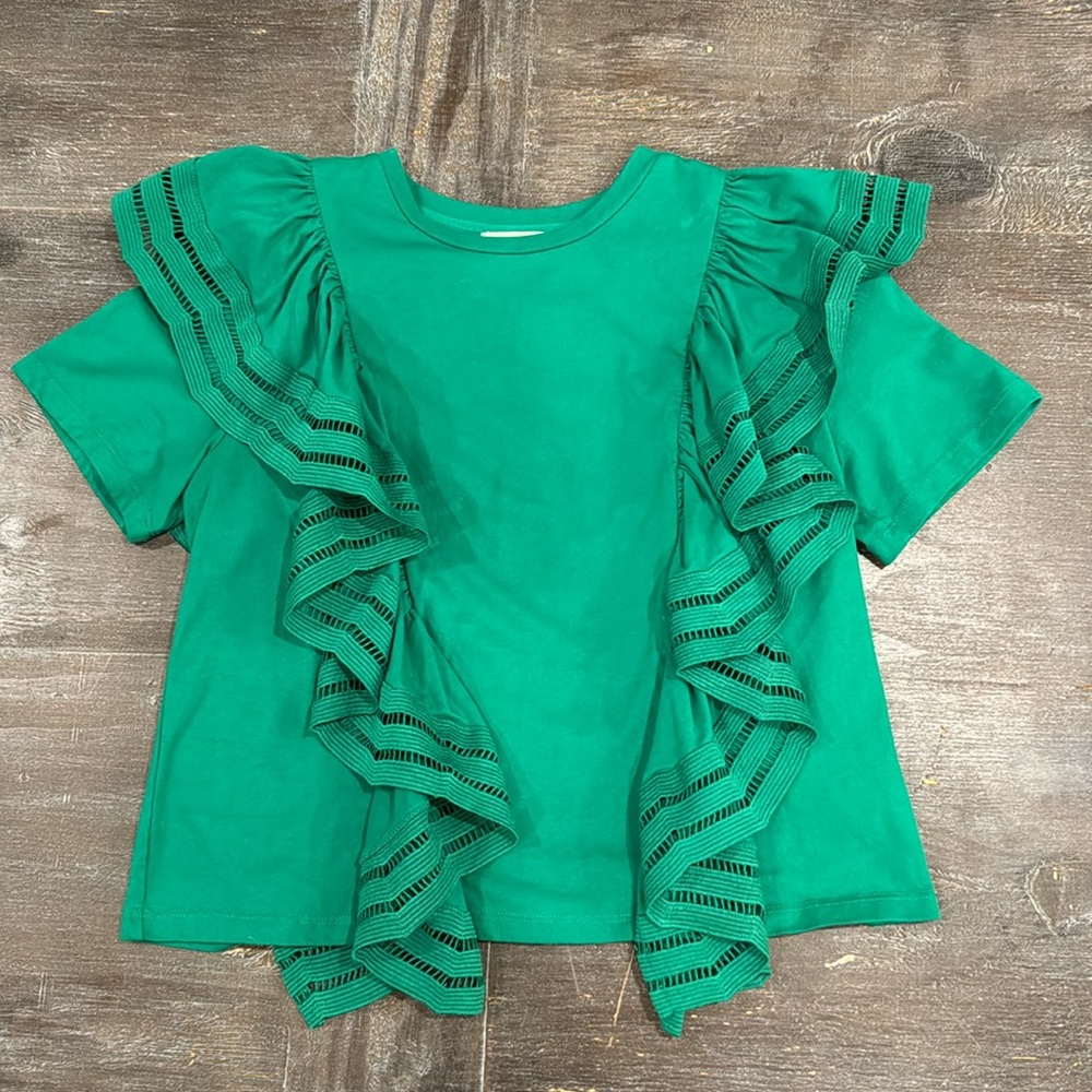 Hyacinth House Green Blouse Size S Ruffle Accents English Factory 100% Cotton